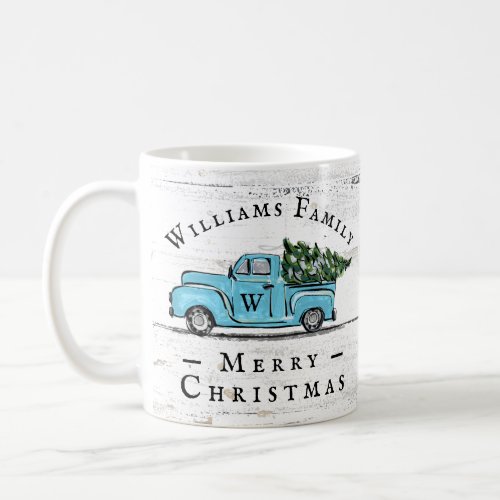 Merry Christmas Vintage Blue Truck Farmhouse Mug