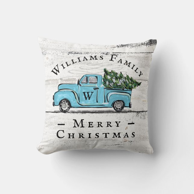 Merry Christmas Vintage Blue Truck Throw Pillow (Front)
