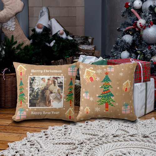 Merry Christmas Vintage Brown Family Photo  Throw Pillow