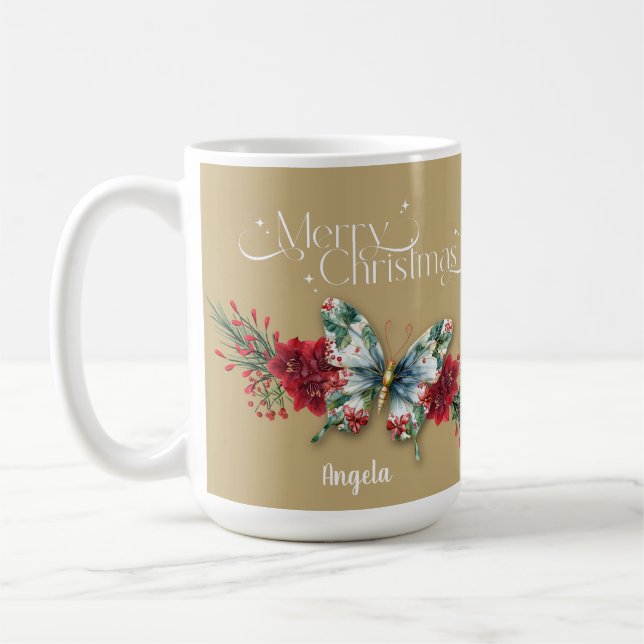 Merry Christmas Vintage Butterfly Poinsettia Coffee Mug (Left)