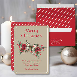 Merry Christmas Vintage Butterfly Poinsettia Holiday Card