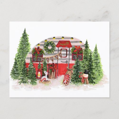 Merry Christmas Vintage Camper in the Woods  Holiday Postcard