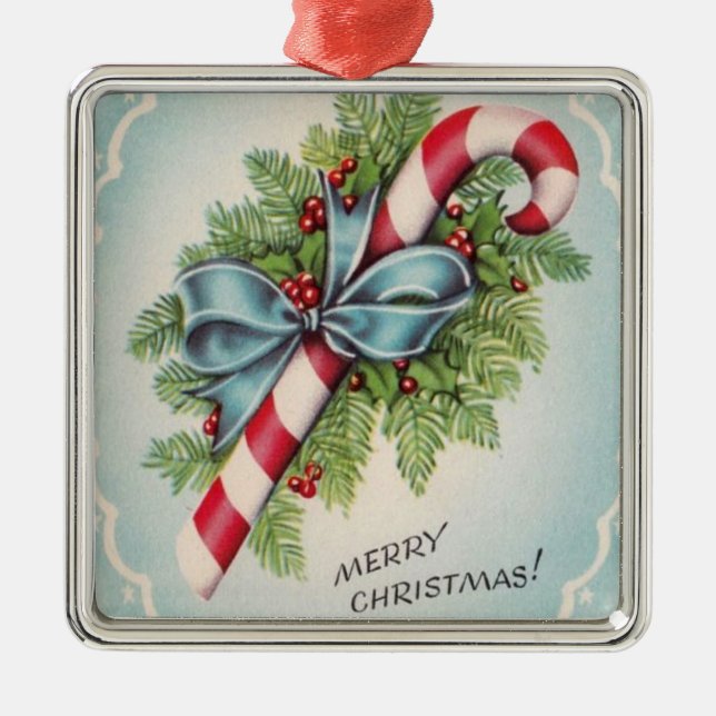 Merry Christmas Vintage Candy Cane Metal Ornament (Front)