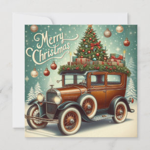 Merry Christmas vintage car Christmas tree Holiday Card