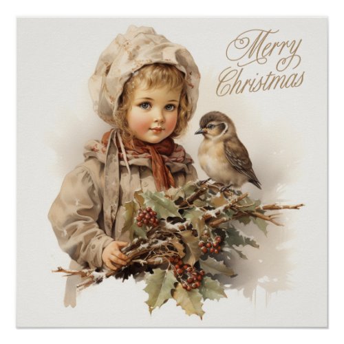 Merry Christmas Vintage Child with Bird  Poster