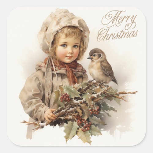 Merry Christmas Vintage Child with Bird  Square Sticker