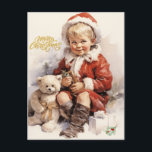 Merry Christmas Vintage Child with Teddy Bear  Holiday Postcard<br><div class="desc">Vintage Christmas illustration</div>