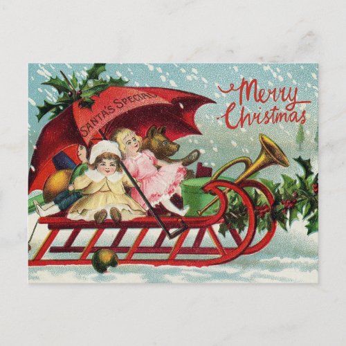 Merry Christmas Vintage Children on Santas Sleigh Holiday Postcard