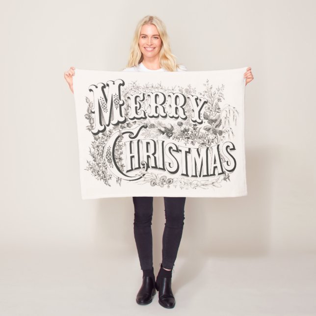 Merry Christmas, Vintage Currier & Ives (reprod) Fleece Blanket (In Situ)