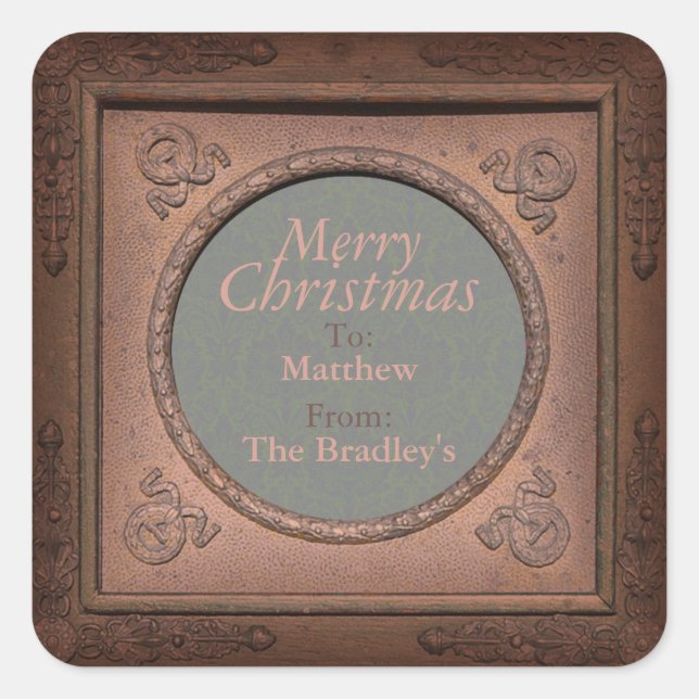 Merry Christmas Vintage Damask Frame personalized Square Sticker (Front)