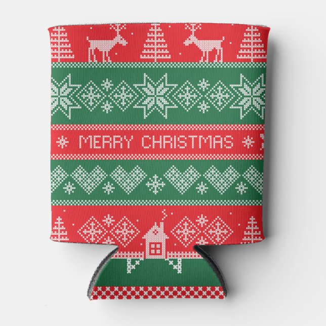 Merry Christmas: vintage festive pattern. Can Cooler (Front)