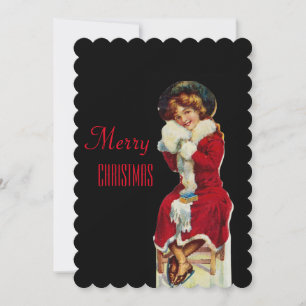 Merry Christmas Vintage Girl dressed in a red coat Holiday Card