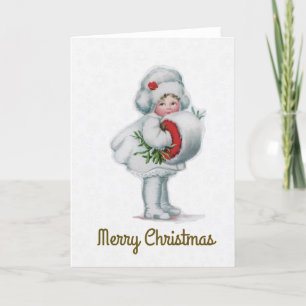Merry Christmas Vintage Girl Mistletoe Muff Holiday Card