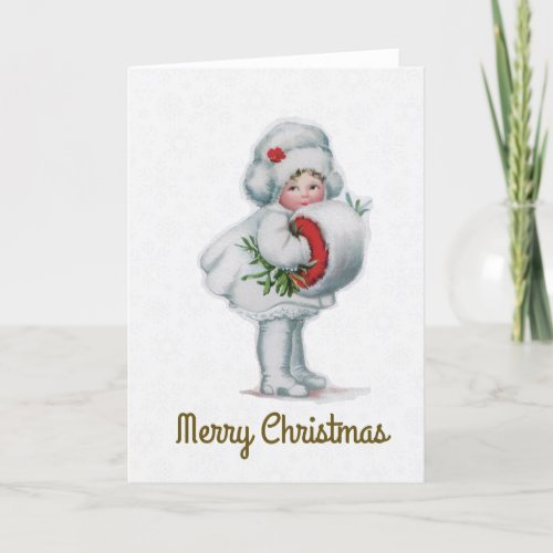 Merry Christmas Vintage Girl Mistletoe Muff Holiday Card