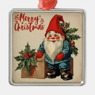 Merry Christmas Vintage Gnome Metal Ornament