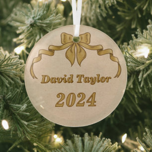 Merry Christmas Vintage Gold Bow Glass Ornament