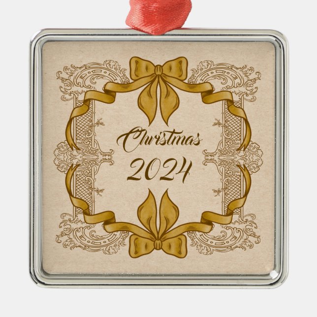 Merry Christmas Vintage Gold Bow Metal Ornament (Front)