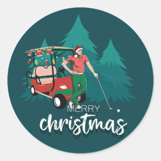 MERRY CHRISTMAS VINTAGE GOLFER GOLF CAR CLASSIC ROUND STICKER