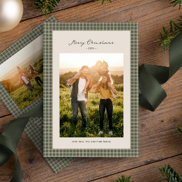 Merry Christmas vintage green check frame photo Holiday Card