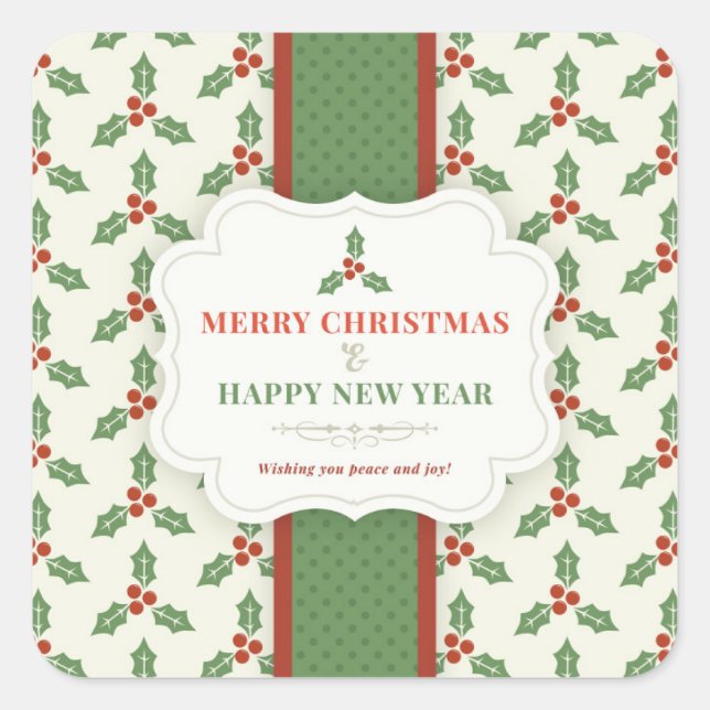 Merry Christmas Vintage Holly Berry Square Sticker (Front)