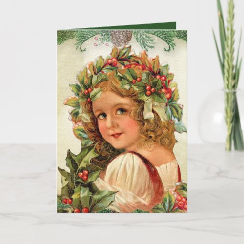 MERRY CHRISTMAS  Vintage Holly Girl Holiday Card