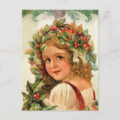MERRY CHRISTMAS  Vintage Holly Girl Postcard