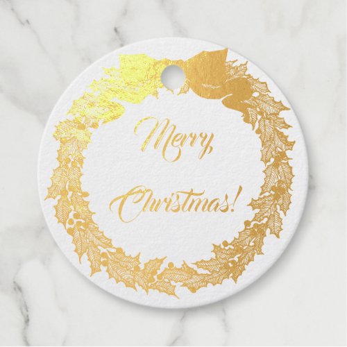 Merry Christmas Vintage Holly Wreath and Your Name Foil Favor Tags