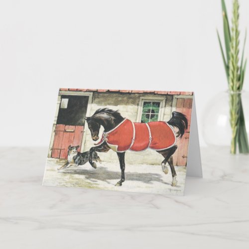 Merry Christmas Vintage Horse and Dog Friends Holiday Card