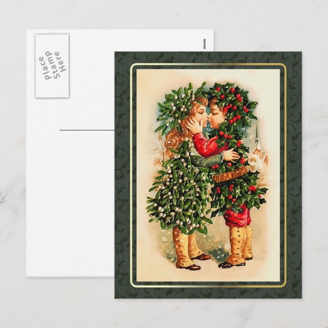 Merry Christmas. Vintage Kissing Kids  Holiday Postcard (Front/Back)