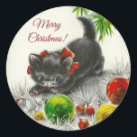 Merry Christmas Vintage Kitty Cat Classic Round Sticker<br><div class="desc">Merry Christmas Vintage Kitty Cat.</div>