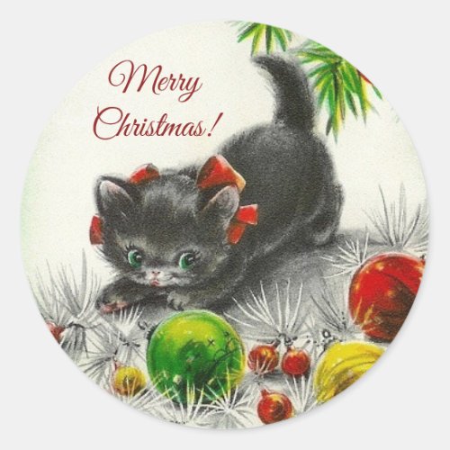 Merry Christmas Vintage Kitty Cat Classic Round Sticker
