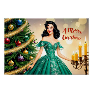 Merry Christmas Vintage Lady with Candles Poster