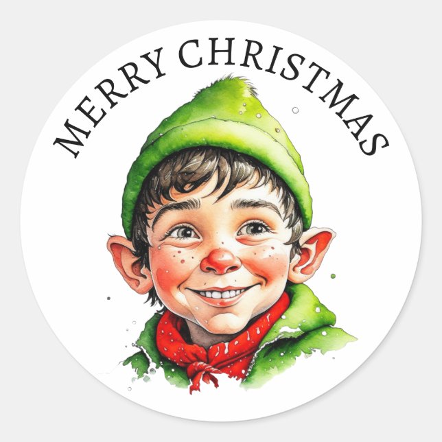 Merry Christmas | Vintage Little Boy Elf Classic Round Sticker (Front)