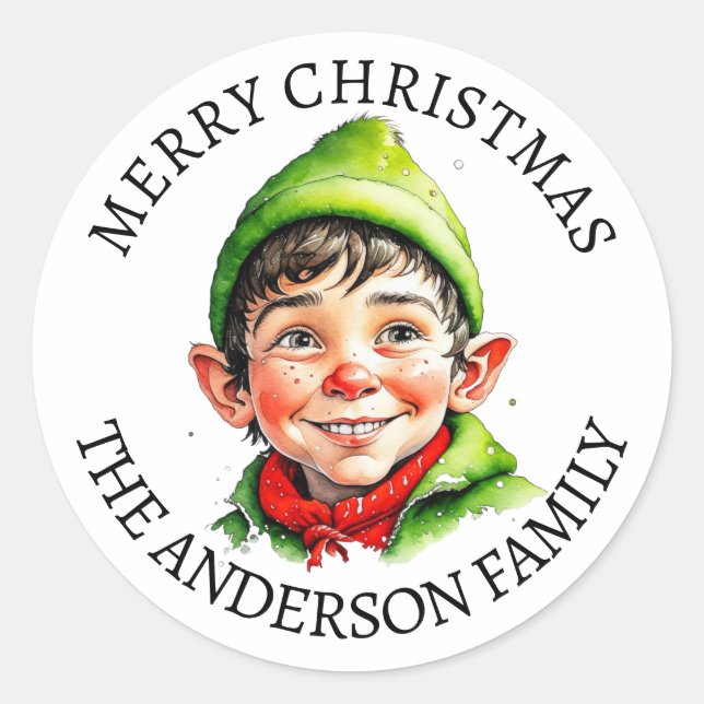 Merry Christmas | Vintage Little Boy Elf Classic Round Sticker (Front)