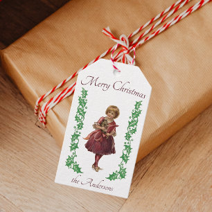 Merry Christmas vintage little girl and Holly Gift Tags