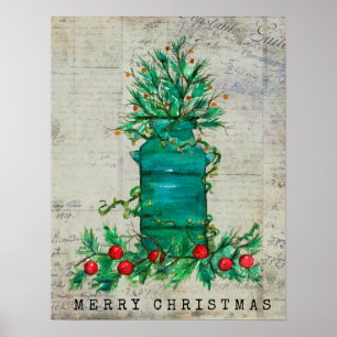 Merry Christmas Vintage Milk Can Collage Poster