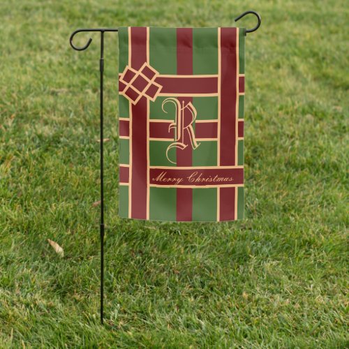 Merry Christmas Vintage Monogram Green Red Gold  Garden Flag