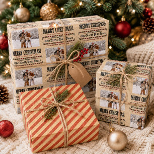Merry Christmas Vintage Newspaper Custom Photo Wrapping Paper Sheets