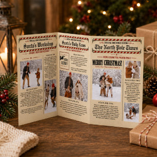 Merry Christmas VIntage Newspaper Photo Collage Tri-Fold Invitation