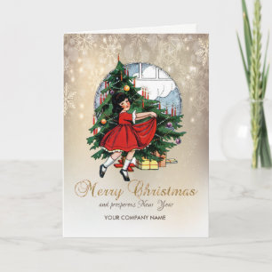Merry Christmas,Vintage Pine Tree Little Girl Holiday Card