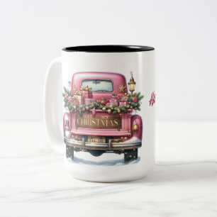 Merry Christmas Vintage Pink Truck Two-Tone Coffee Mug