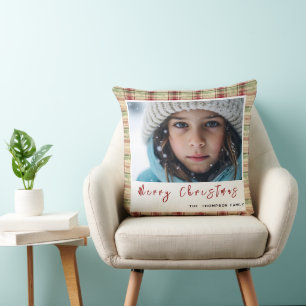 Merry Christmas vintage plaid custom photo Throw Pillow