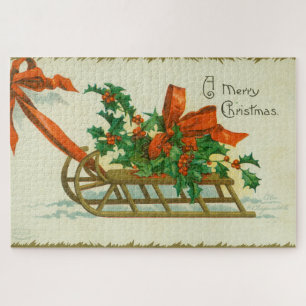 Merry Christmas - vintage postcard, sled and holly Jigsaw Puzzle