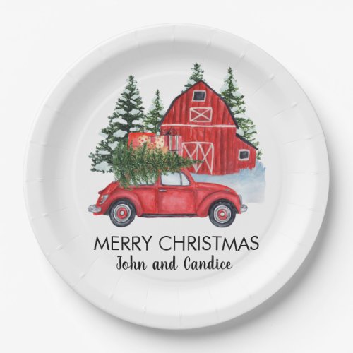 Merry Christmas Vintage Red Car Barn Trees Name Paper Plates