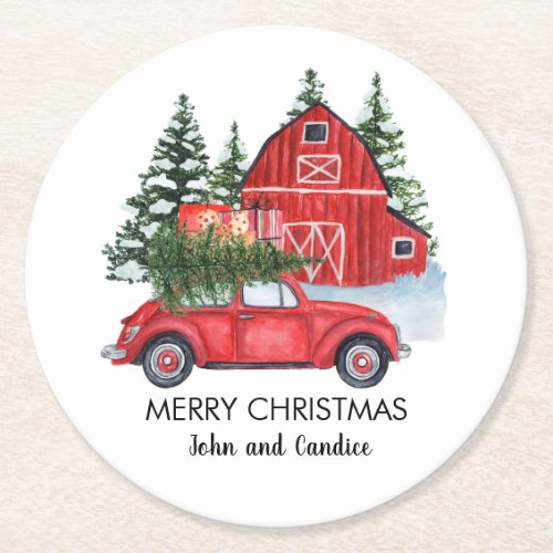 Merry Christmas Vintage Red Car Barn Trees Name  Round Paper Coaster