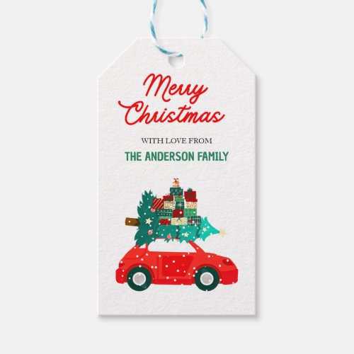 Merry Christmas vintage red car gift tag