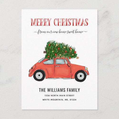 Merry Christmas Vintage Red Car Tree Moving Announcement Postcard
