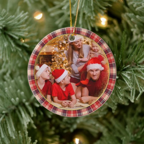 Merry Christmas Vintage Red Plaid Family Photo  Ceramic Ornament