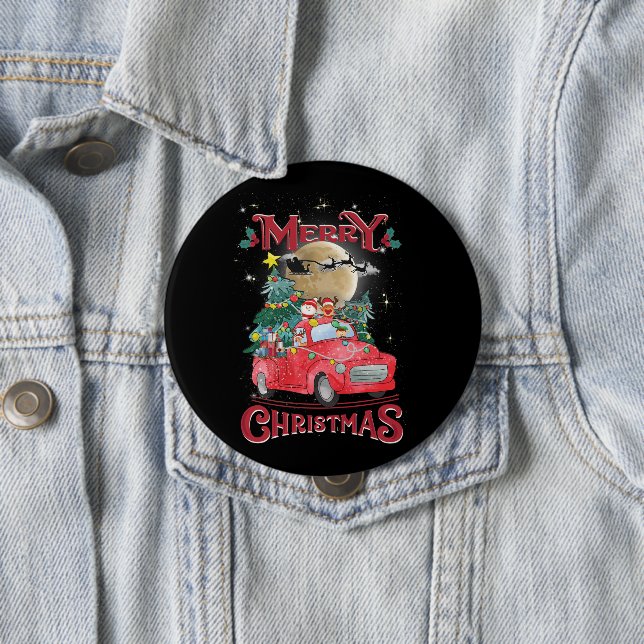 Merry Christmas Vintage Red Santa Truck Button (In Situ)