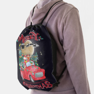 Merry Christmas Vintage Red Santa Truck Drawstring Bag